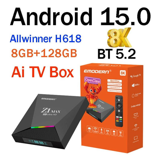 TV Box Z1 Max Ai Smart Android 15 HD 8K 4K BT5.2 Allwinner H618 Quad Core 5G 4G Wifi6 Voice Assistant OpenClaw Player 8GB 128GB - SmartBox Pro